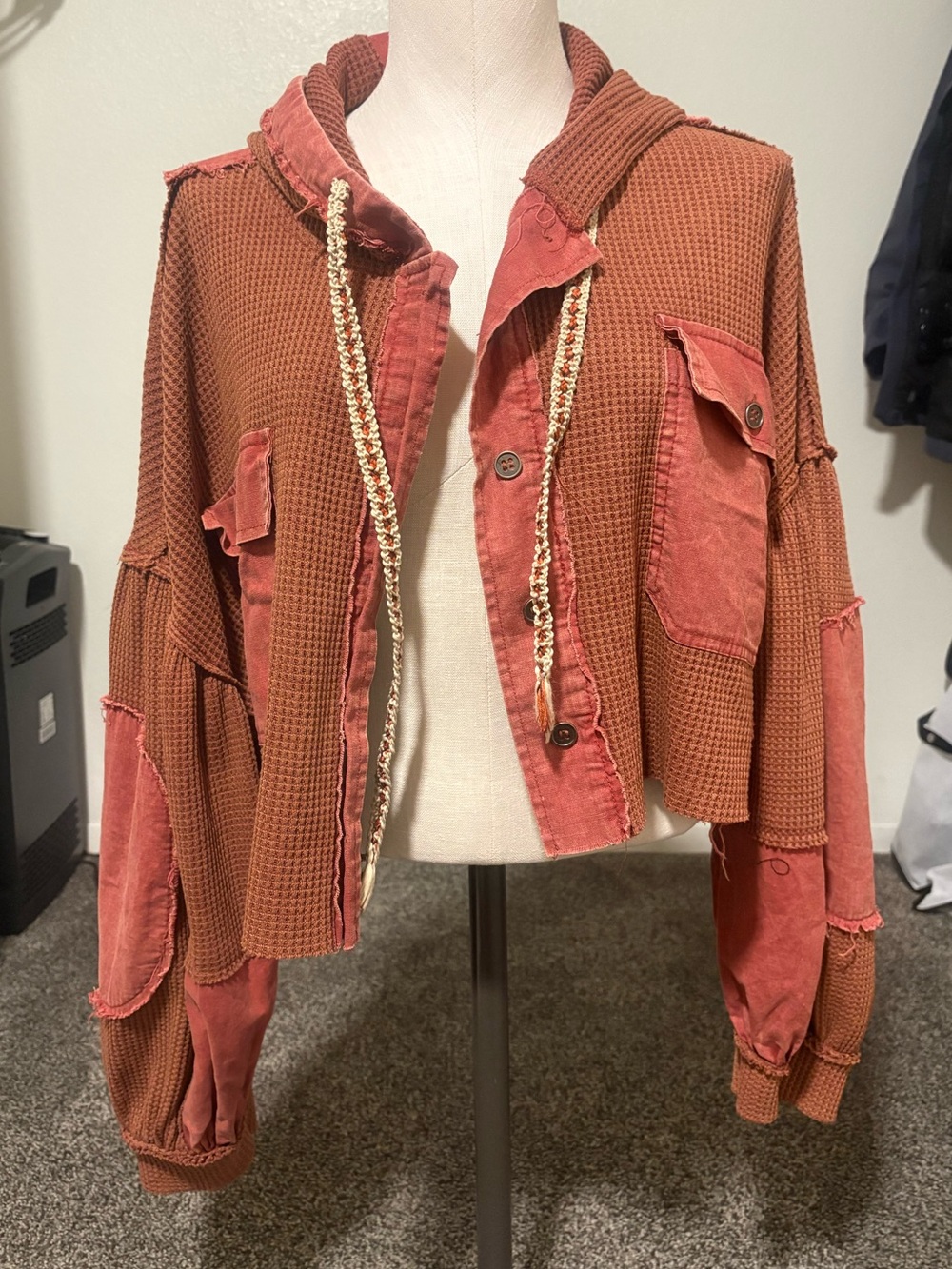 Cropped Waffle Knit Hooded Jacket in Rust